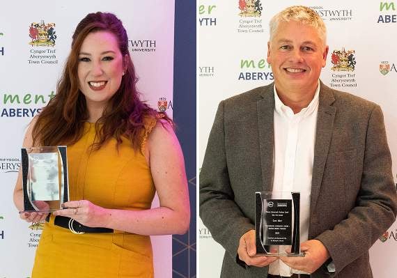 Rhian Daniell accepted the Social Media Award, sponsored by Gwe Cambrian Web, on behalf of Alexanders; The Community Encouragement Award, sponsored by St Michael’s Church, was won by Caru Aber. Pictured is Jeff Jones