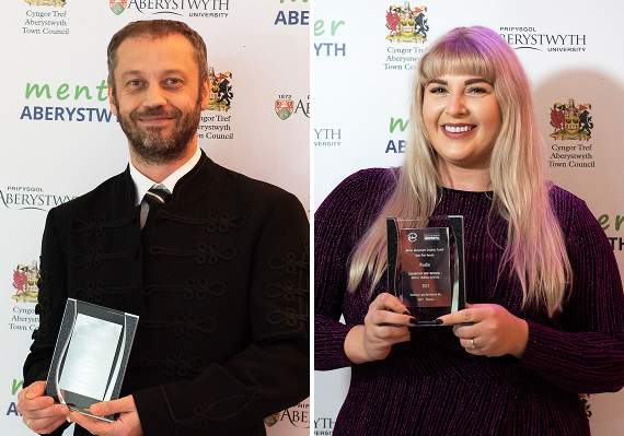 Sándor Hajzer of Paprika with the Food and Drink Award, sponsored by Rob Rattray Butchers; The Celebrating New Business Award, sponsored by No 21 Flowers, went to Pwdin. Pictured is Rhiannon Harries