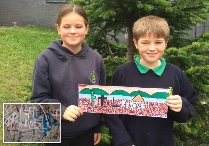 Alice Burke and Seth Pearson are just two of the pupils who collaborated on designs to replace the swastika graffiti (inset)