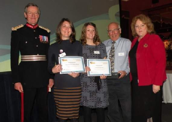 Sam Barnes with Tamar Valley AONB’s award (also pictured, Lord Lieutenant of Cornwall Col Edward Bolitho, Jo James and Philip Osmond of the Dreadnought Centre)