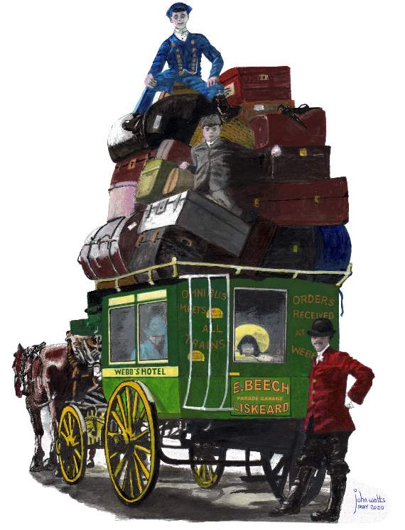 AN OVERLOADED horse-drawn bus of the kind that would have been plying passengers in Liskeard prior to the arrival of the motorised omnibus