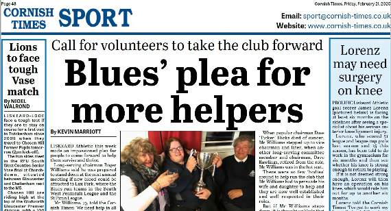 The Sport back page of this week's Cornish Times.