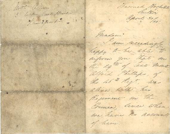 The first page of the letter handwritten by Florence Nightingale to relatives of an injured soldier in 1853