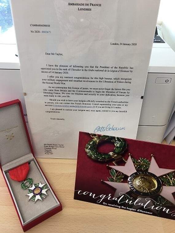 Derek Taylor received his ‘Ordre National de la Legion d’Honneur medal on VE Day, which was accompanied by a personal letter from the French Ambassador to London Catherine Colonna.