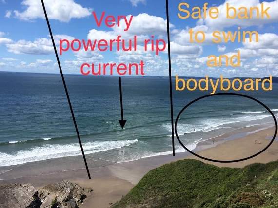 THIS photo annotated by a lifeguard shows the location of a strong rip current at Tregonhawke Beach. The current has moved across the beach depending on the constantly changing sand banks.