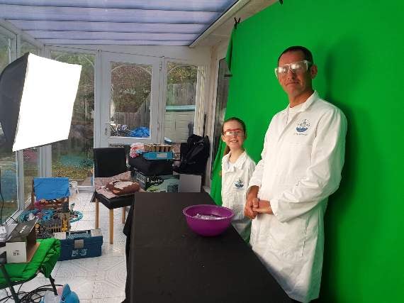 The green screen and all the camera and lighting equipment was set up in the family's conservatory