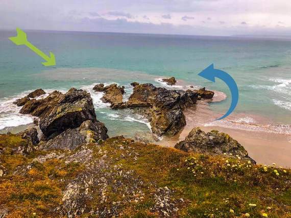 A PHOTO annotated to show the permanent rip current at Sharrow Beach in Whitsand Bay. This current is particulary dangerous during the outgoing tide