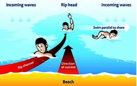 A diagram showing what to do if you're caught in a rip