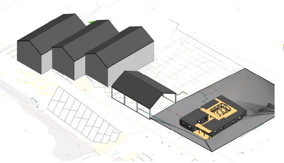 AN image showing how the Makers Workspace project being managed by the Town Council (right) would fit in with the Workshed buildings and canopied market space on the left