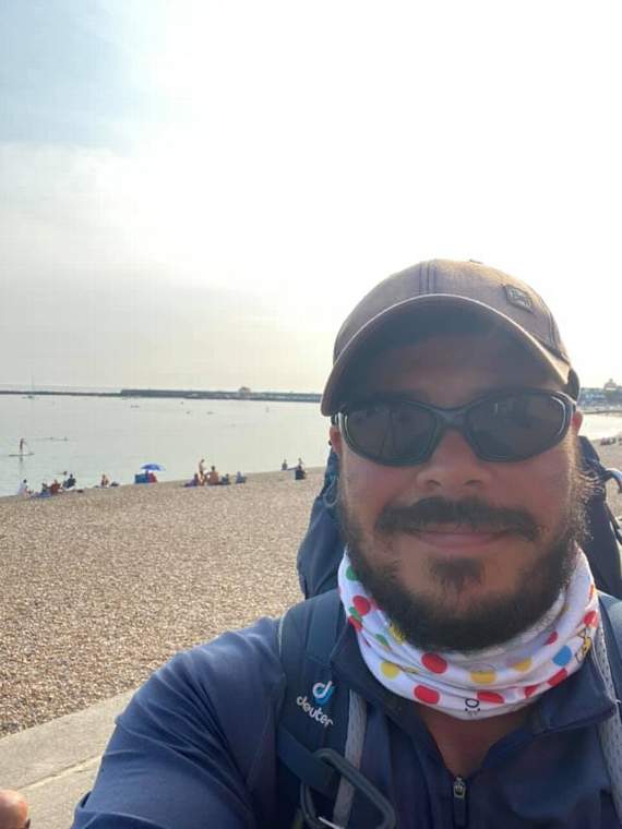 Chris pictured earlier in his walk. He's done more than 1500 miles so far, look out for him heading from Cremyll to Looe today