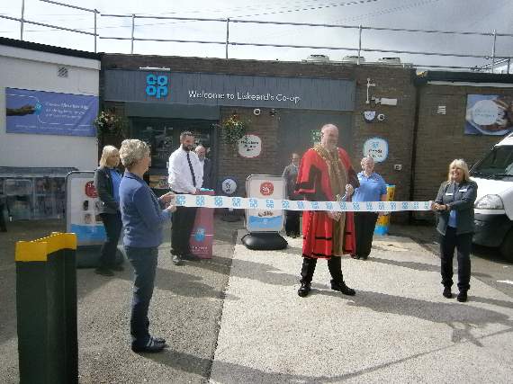 Liskeard Mayor Cllr Simon Cassidy performing the opening ceremony outside the new-look Co-op store