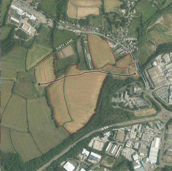 A house builders' aerial view of the location for the Treledan development on the former Broadmoor Farm site outside Saltash.