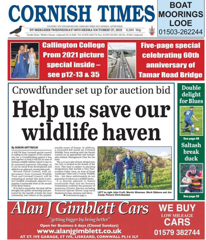 The front page of this week's Cornish Times reporting on Deviock Parish Council's bid to protect the wildlife haven.