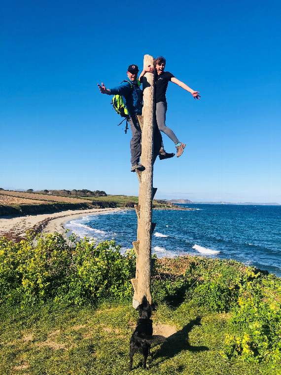 Ruby and Mark get a bird's eye view while Teddy the dog looks up from below