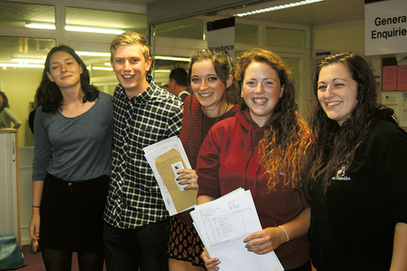 Smiling at their news were Sarah Bailey from Cheriton Fitzpaine who is going on to Exeter College for an Art Foundation course, James Trott of Tedburn St Mary who is going to Bath University, Catherine Richardson of Copplestone also looking at Bath, Martha Beal of Sandford who is aiming for Falmouth, Ceri Spooner of Crediton who is going to Chichester to study Music and Theatre. SR 4614