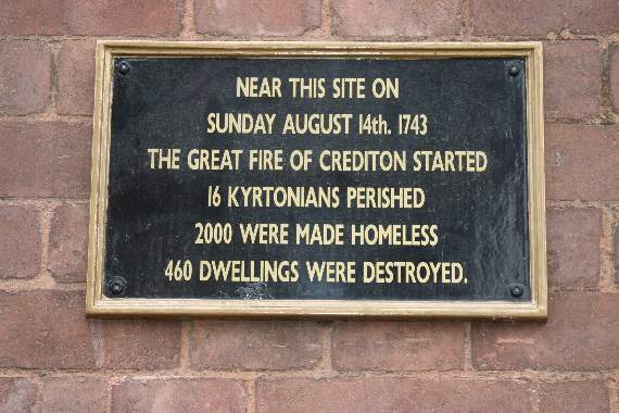 The sign commemorating the Great Fire of Crediton in Crediton High Street.  AQ 5086