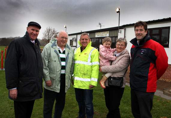 At the launch of the emergency landing facilities and landing lights at North Tawton Rugby Club, from left, Devon County Councillor James McInnes, Paul Ankcorn, rugby club vice-president and groundsman, Tim Jones from MAT Electrics who installed the remote switching unit, Carol Burrow from North Tawton Town Council and Toby Russell, the community helipad development officer for Devon Air Ambulance Trust. Photo: James Bird.