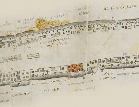 An extract of the Strode map of Crediton that depicts where the Great Fire broke out on August 14, 1743.