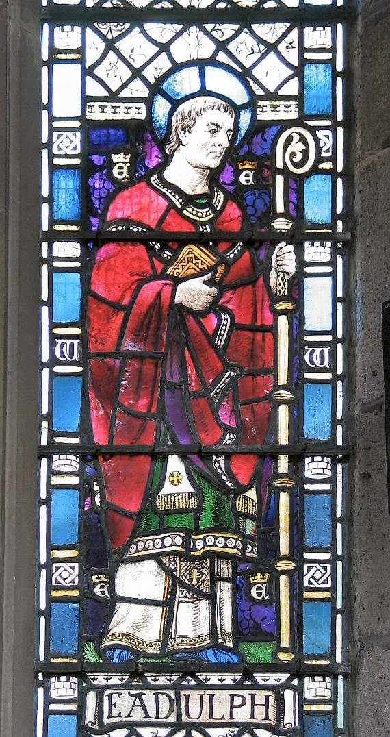 One of the stained glass windows in Crediton Parish Church.