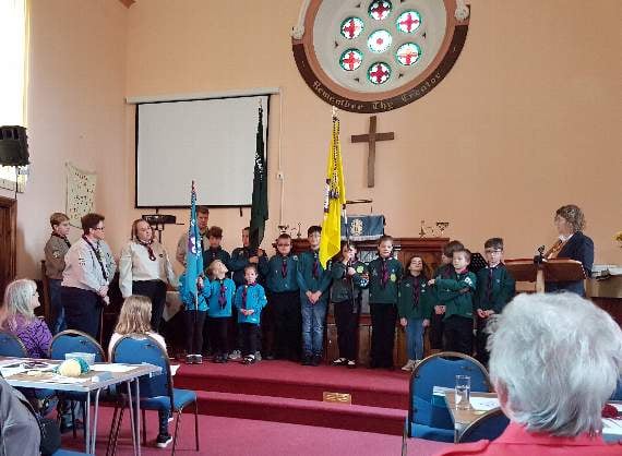 During the service to bless the new First Lapford Scout Group flags at Lapford Congregational Church.