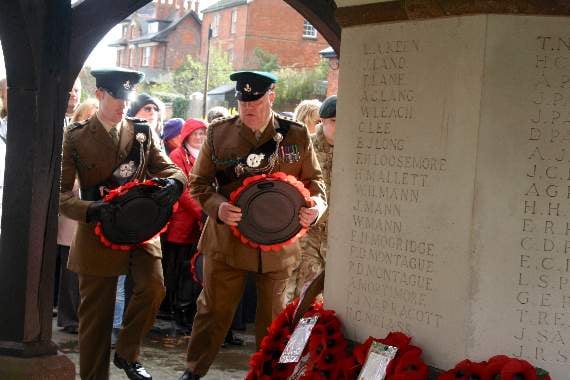 From the left, AUO Tom Parrin about to lay the wreath from Crediton Detachment Amy Cadet Force, Lt Nigel Cooper carries the wreath he laid for the Devon and Dorset Regiment and Cadet L/Cpl Tosh (only just visible) laid the wreath on behalf of Jamie Fleming. SR 8558
