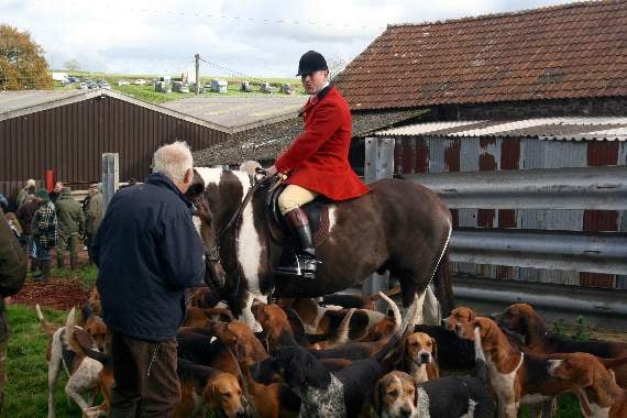 Huntsman of the Eggesford Hunt, Jason Marles, with the hounds talks with one of the many supporters at the meet. SR 8464