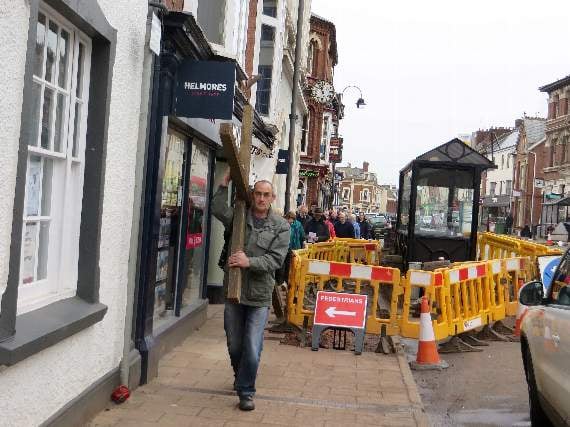 Negotiating the hole in the pavement by the Old Town Hall. SR 1941