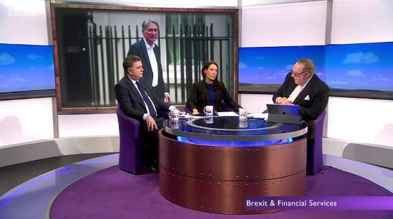 Rt. Hon. Mel Stride MP, left, being interviewed by Andrew Neil, right on the BBC Daily Politics show in his ministerial role as Financial Secretary to the Treasury.