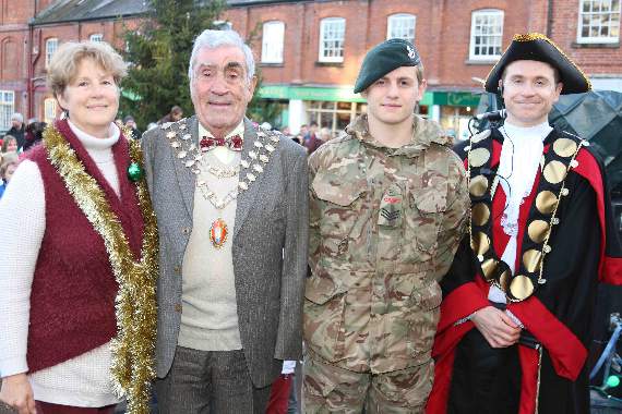 The Mayor of Crediton, Cllr Frank Letch, second left, and left, Mayoress Mrs Natalia Letch with the Mayor's Cadet Lewis Cook and Crediton Town Crier Kevin Payne. AQ 5921
