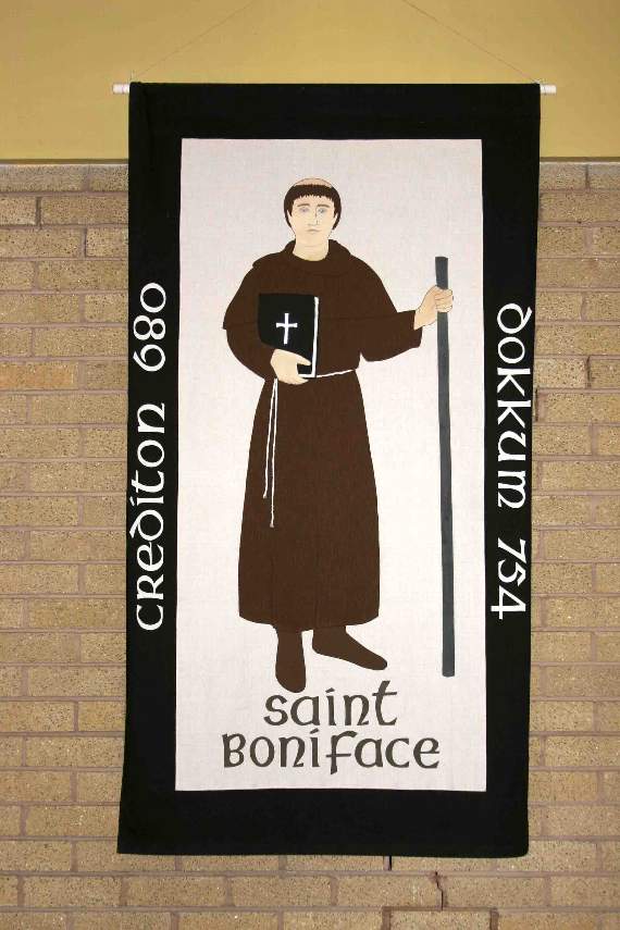 An image of St Boniface from a wall-hanging in the National Shrine. AQ 8470