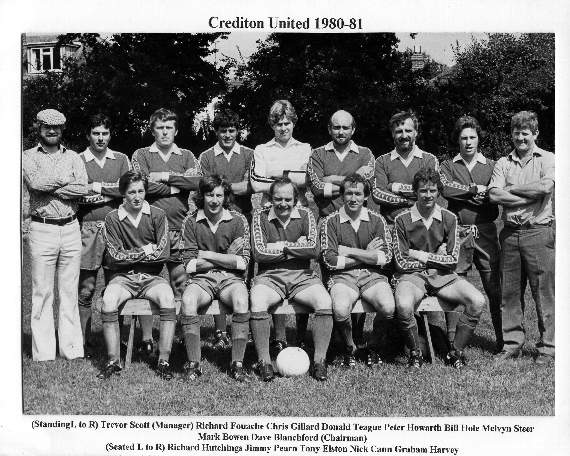 Crediton United in 1980-81, standing, left to right, Trevor Scott (manager), Richard Fouache, Chris Gillard, Donald Teague, Peter Howarth, Bill Hole, Melvin Steer, Mark Bowen and Dave Blanchford (chairman). Seated, left to right, Richard Hutchings, Jimmy Pearn, Tony Elston, Nick Cann and Graham Harvey.