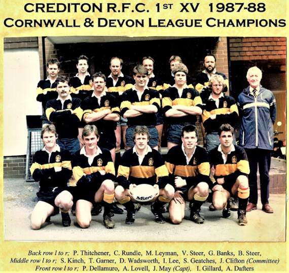 Crediton RFC First XV in 1987-88 when the team became Cornwall and Devon League Champions.