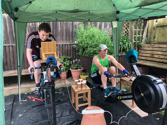 Mark Rice during his marathon row, right and his son, Dan, left, during his 100k cycle.