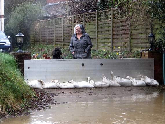 Dog and owner look out over their flood gate. SR 0628