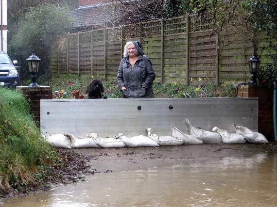 Dog and owner look out over their flood gate. SR 0628