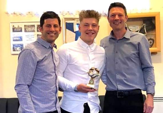 Callum Vanstone, centre, Reserves Young Player of the Year with Danny Harvey, left, next season’s Team Manager and Paul Conibeare, current Reserves manager.
