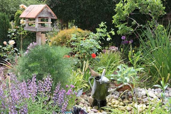An area of the Open Garden at White Cottage which includes a water feature, a watering can with water pouring from it. AQ 1556