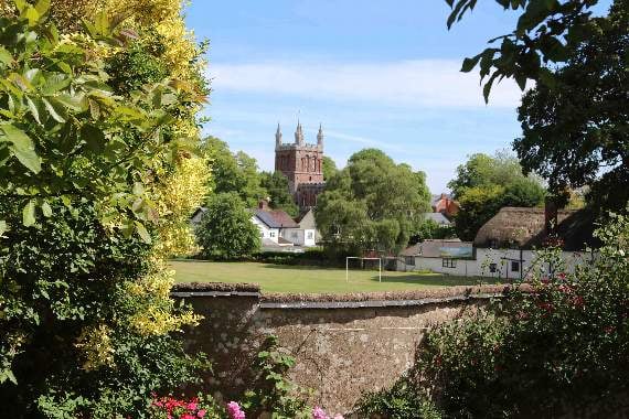 The view of Crediton Parish Church from White Cottage. AQ 1584.
