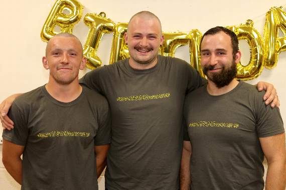 After their headshave and trims, from left, Matt Baker, Sam Bullingham and Alex Dennis. AQ 4294