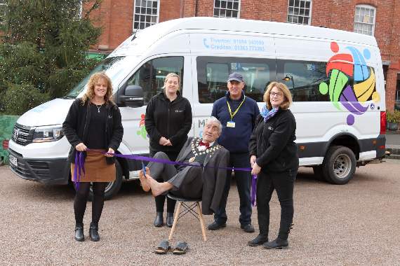 At the launch of the new minibus for Mid Devon Mobility in the Crediton area, from left, Faye Ashton, Hayley Hillman, Frank Letch, Paul Fallon and right, Sarah Holmes. AQ 5822