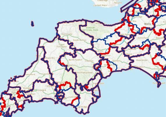 In Blue, Existing Constituencies, And In Red, Proposed Changes to electoral boundaries across Devon.