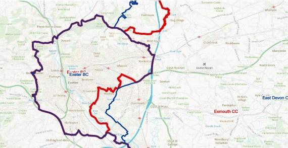 Changes to the electoral boundaries proposed for the Exeter area - existing boundaries in blue and proposed changes in red