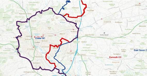 Changes to the electoral boundaries proposed for the Exeter area - existing boundaries in blue and proposed changes in red