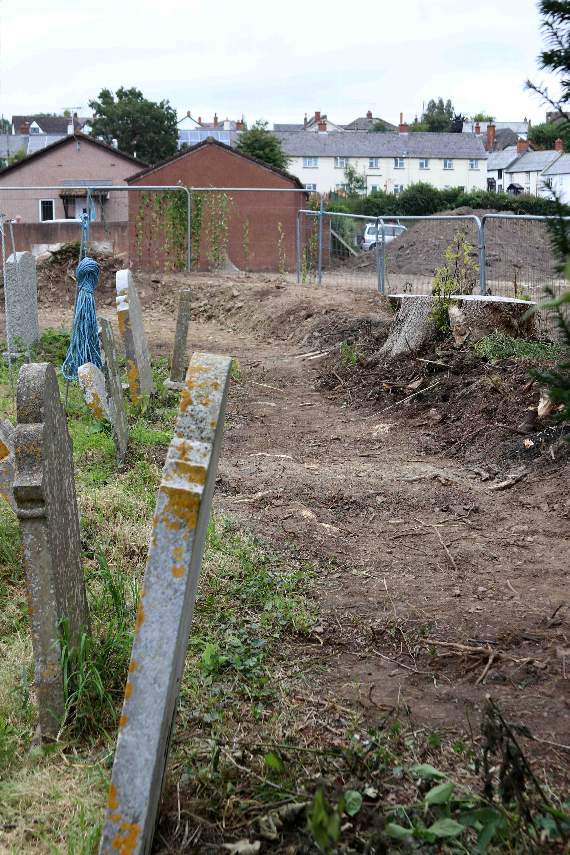 Where the earth was removed from the top of graves by a mechanical digger in Lapford churchyard. AQ 8650