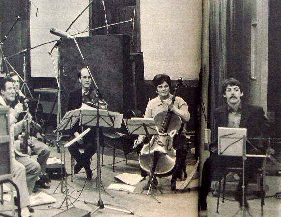 Joy Stalman, second right, with Paul McCartney and other musicians recording ‘Family Way’, photo by Duffy, courtesy of the Sunday Times.