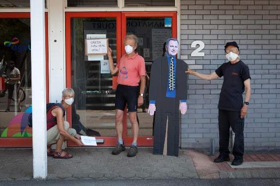 Posting the letter, Central Devon constituents, Bee Denning and John Willis of Moretonhampstead with the cardboard cutout of Mel Stride. Photo Vanessa Miles