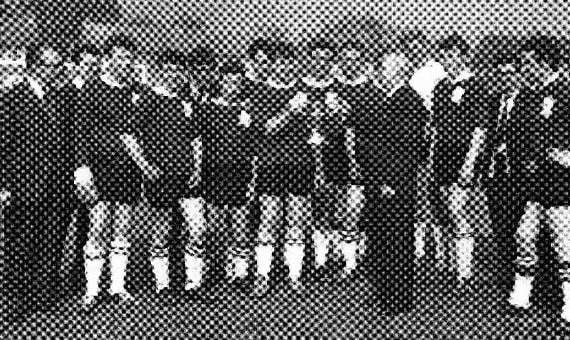 A clipping of Crediton United receiving the Cup after winning the 1966/7 Senior One Championship at Sandford. Pictured, from left, Bill Ash, Maurice Jarvis, Clive Davey, John Twitchin, Tony Holmes, Geoff Woolacott, Ian Grinney, Dave Blanchford, Melvyn Steer, John Gillard, Graham Lee, Chris Gillard, Colin Smith and Alan Matten.