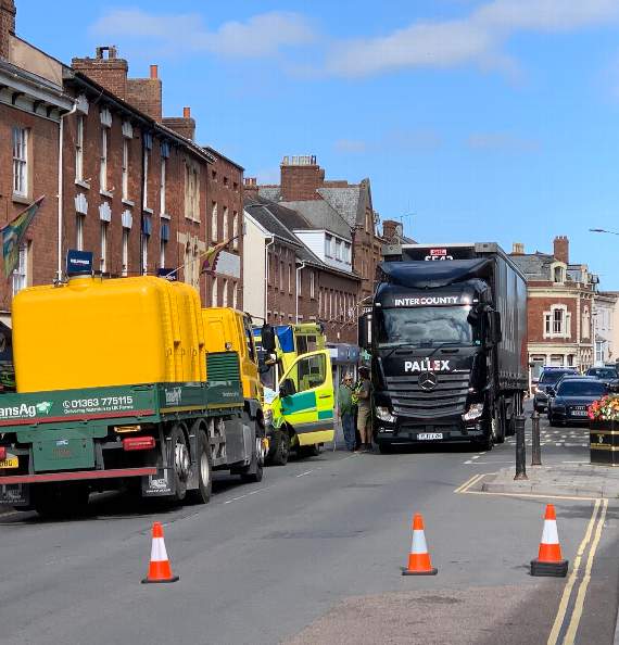 The accident scene in Crediton High Street.