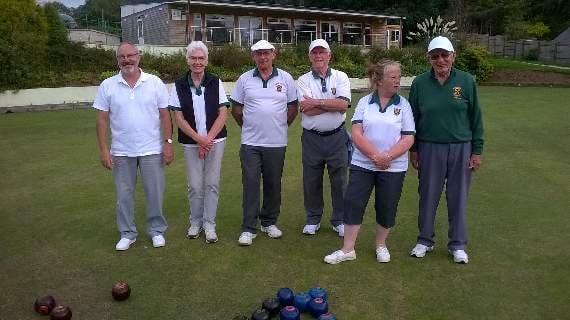 The Triples competitors, left to right, Alan Monks, Jane Beresford Smith, Rick Ball, Gordon Denham, Anita Lamey and Tim Bevan.