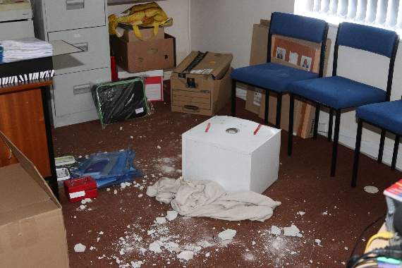 The safe on the office of the Age Concern Crediton charity after it was forced open. AQ 8568